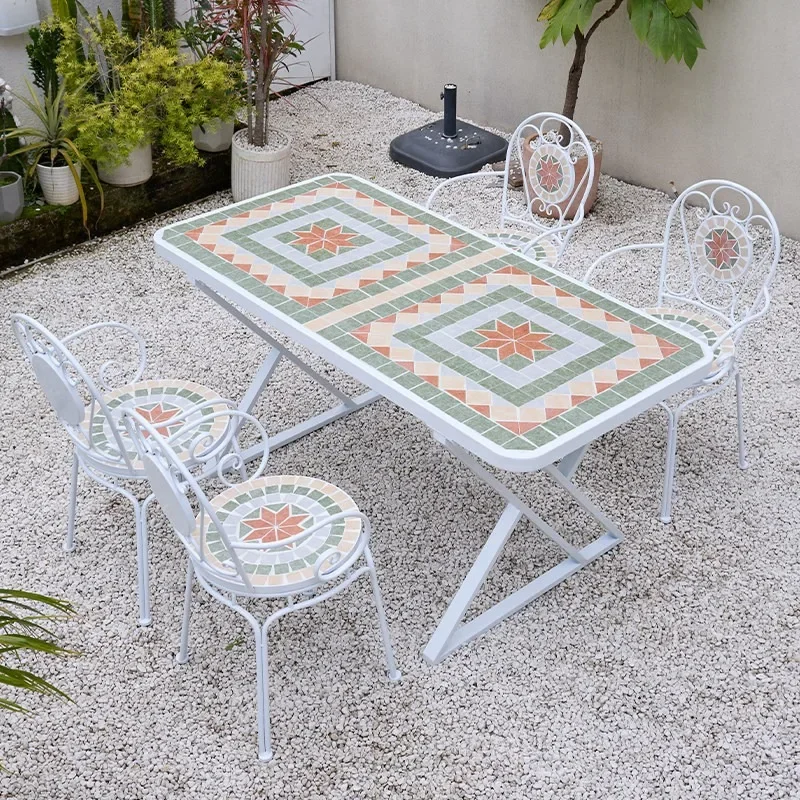 #Mengsheng outdoor tables and chairs courtyard open-air balcony garden leisure mosaic stainless steel table one table and four c