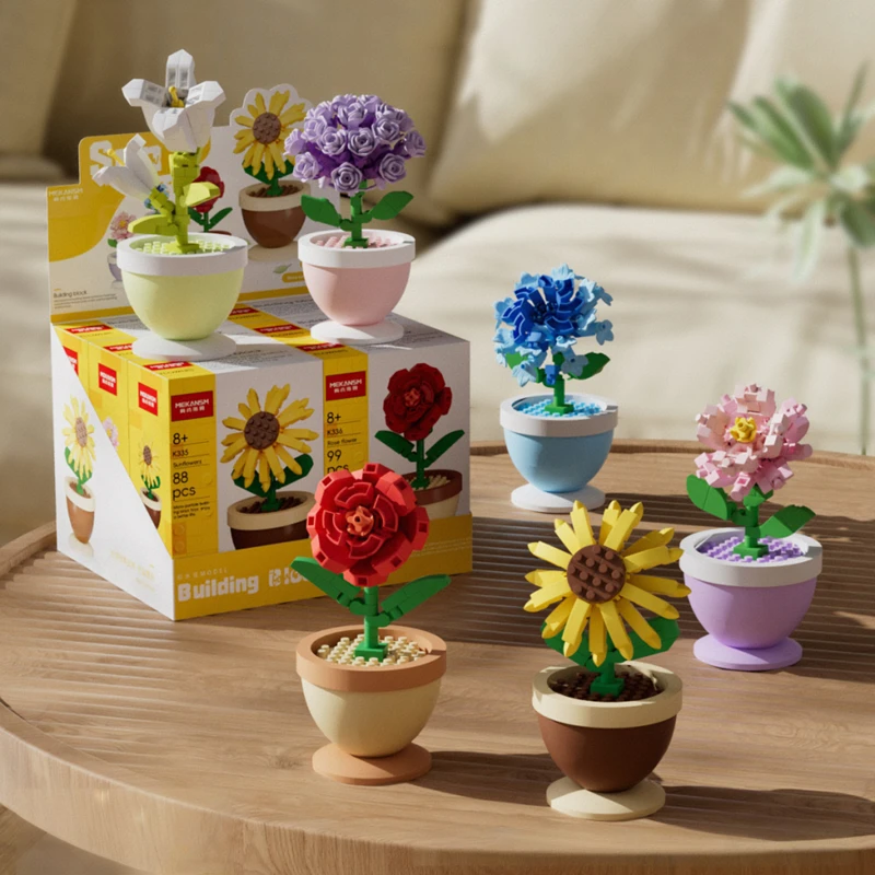 Bausteine, Blumentöpfe, Rosen, Sonnenblumen, Nelken, Mikro-Granulat, Lernspielzeug für Kinder zum Zusammenbauen, Dekorationen – Detail 2