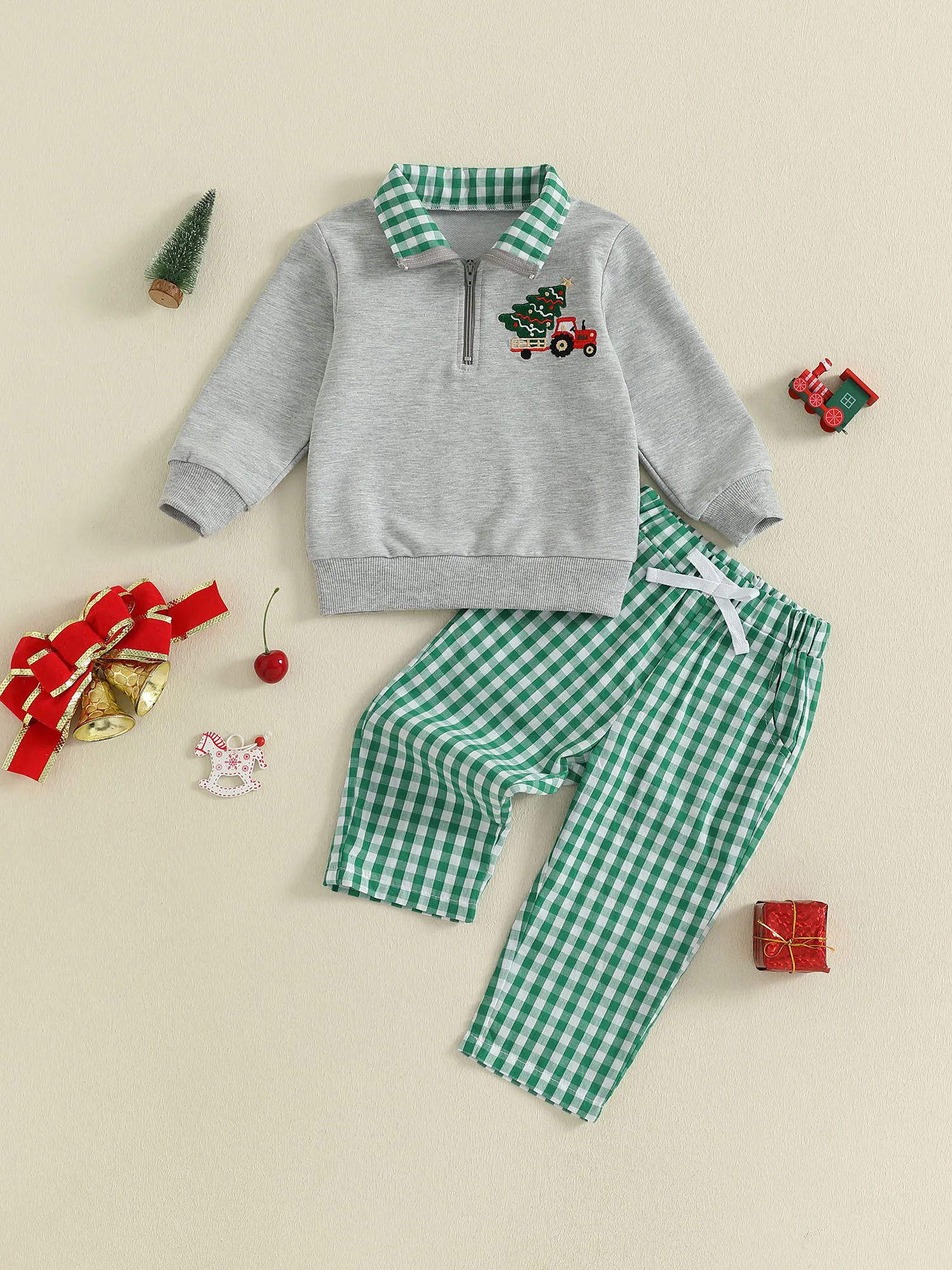 FOCUSNORM 0-4Y Casual Baby Jungen Weihnachten Kleidung Sets Weihnachten Baum Stickerei Langarm Revers Zip Pullover Tops + Plaid Hosen – Detail 3