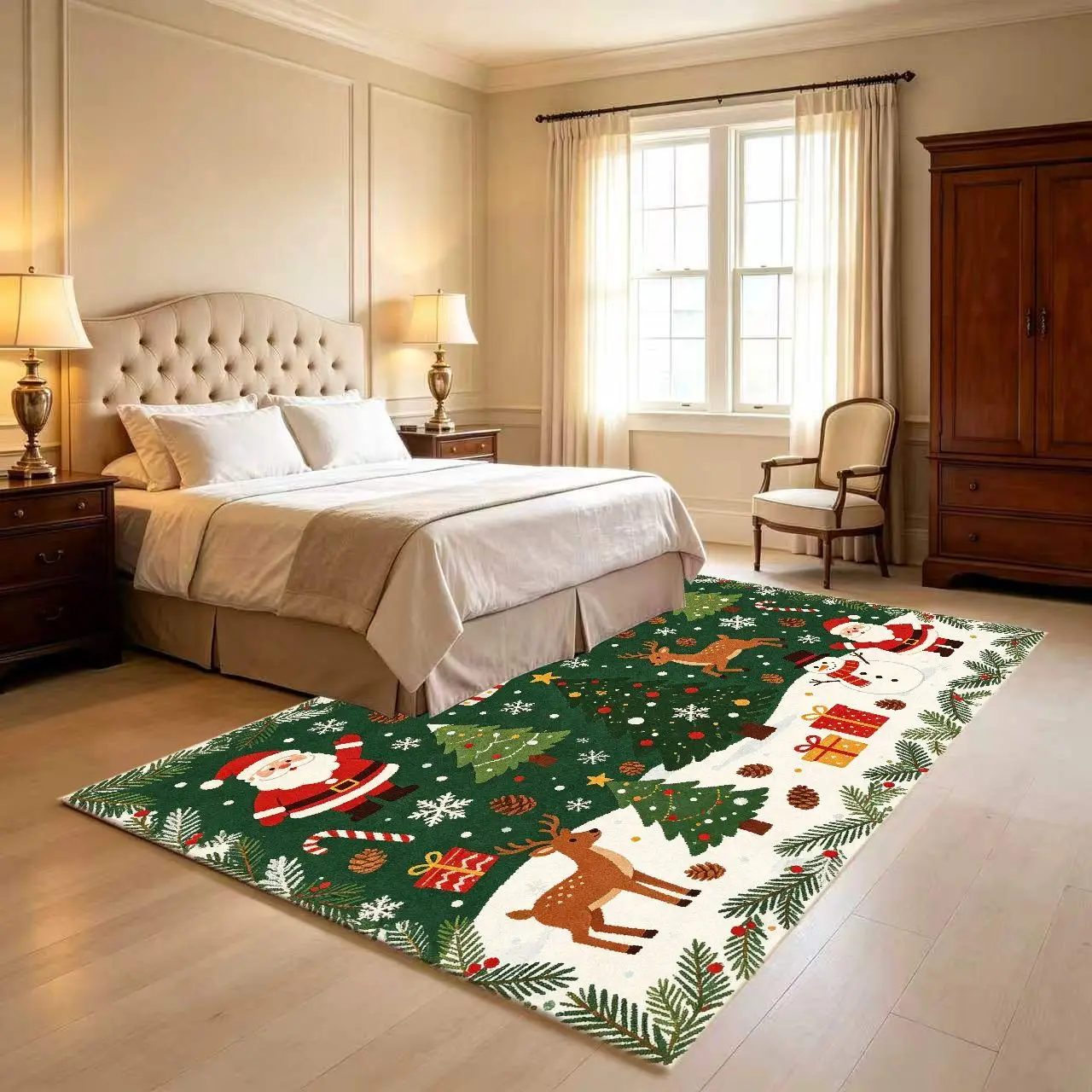 1pc Luxury Christmas Area Rug, Soft & Non Slip, Santa, Reindeer & Snowman Print, Rectangular Jumbo Mat, Machine Washable
