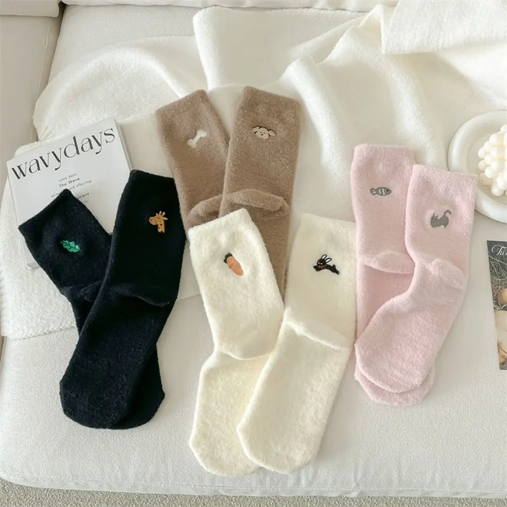 1Pair Winter Warm Socks Double-sided Cashmere Socks Cute Middle Tube Thick Thermal Soft Women Mid Socks Floor Sleep Sock Casual