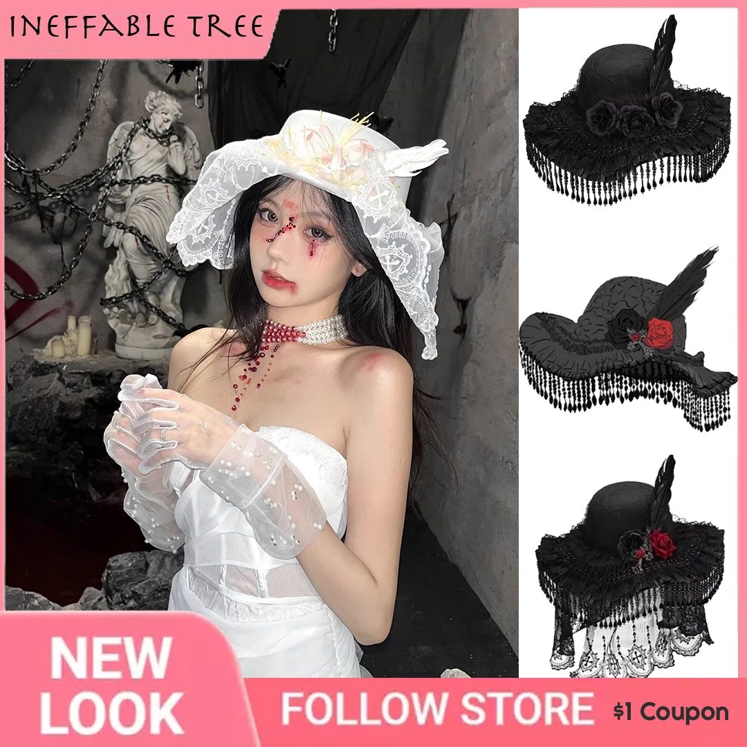 

INS Vintage Court Handmade Lace Vintage Bandage Wizard Hat Gothic Lolita Cosplay Costume Halloween Party Decor Fedoras Gorras