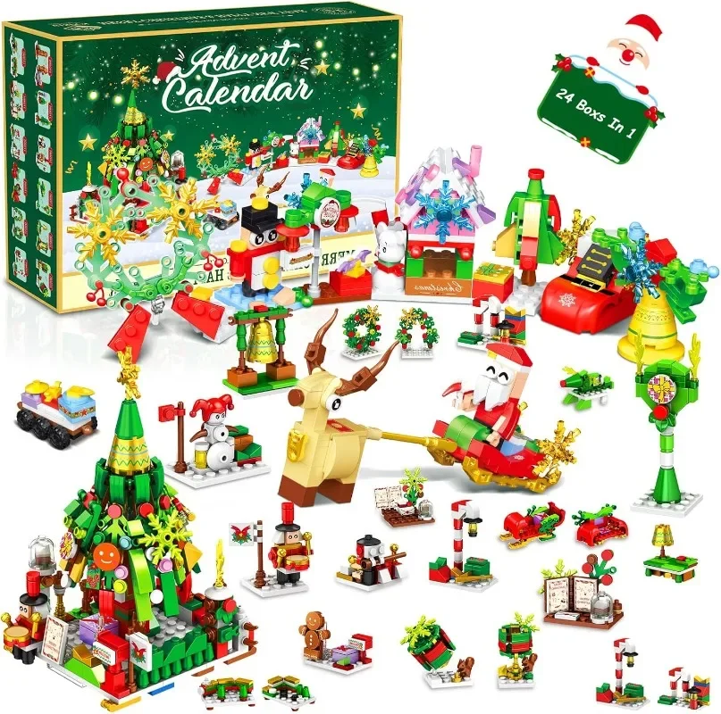 Advent Calendar 2024 Christmas Tree Building Blocks Set 24 Boxes of Christmas Countdown Gift Set with Building Tree Santa Claus