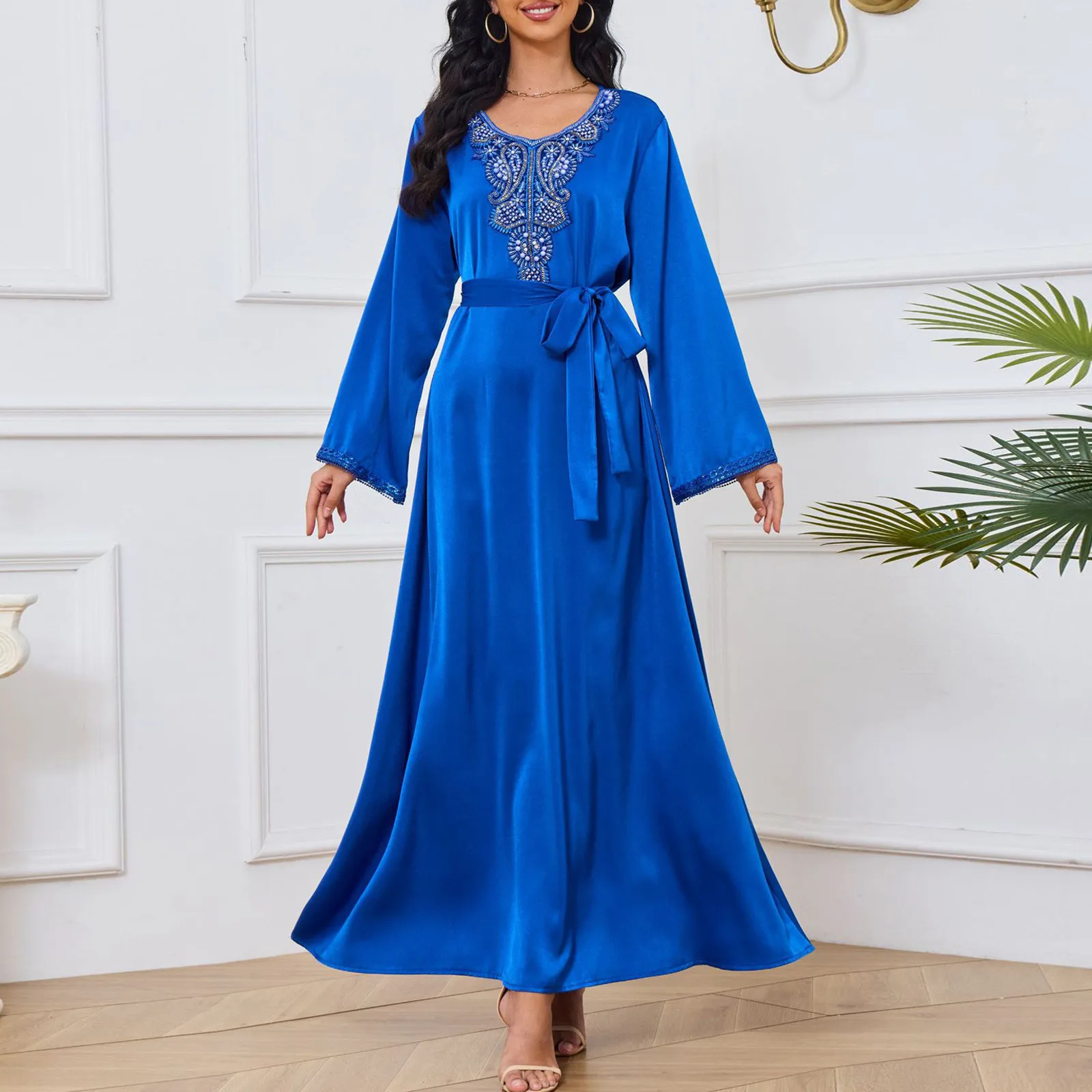 

Women's V Neck Solid Color Comfortable Dress Blocked Long Sleeved Beaded Slim Fit Muslim Long Dresses High Low Dress For Women