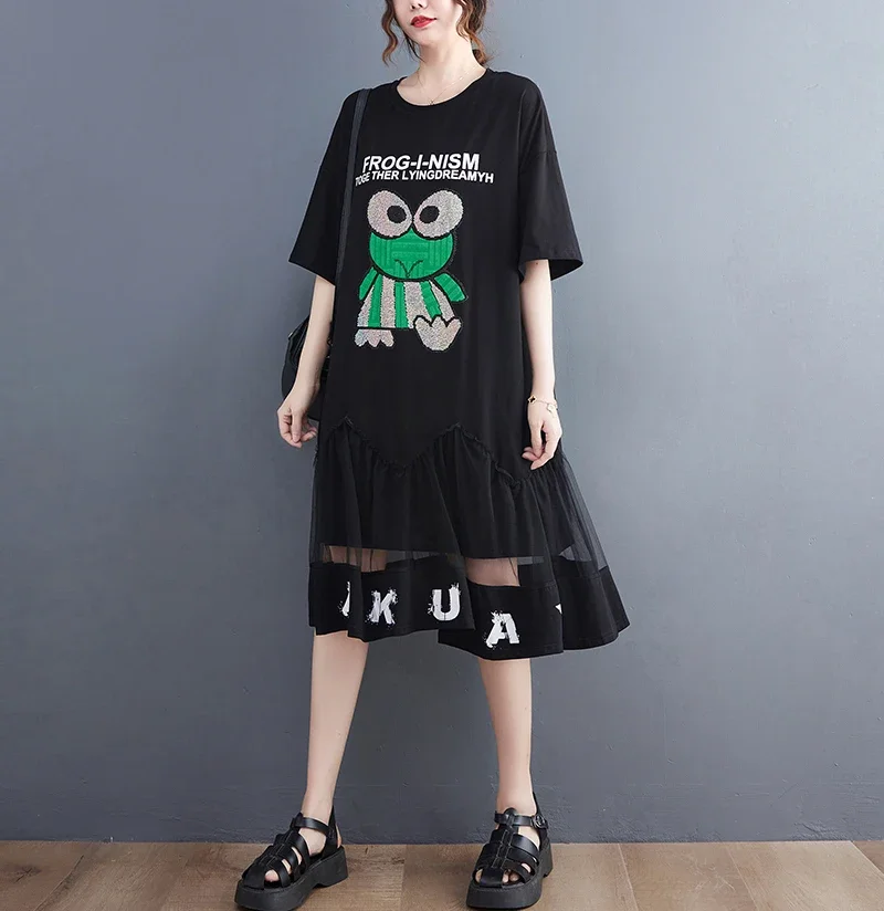 Summer New Loose Casual Printed Fashionable Splicing Mesh Black Personalized Midi Shirt Dress