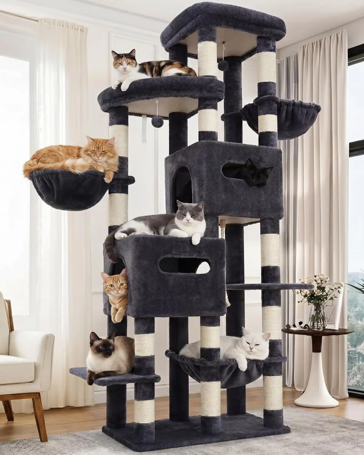 

74.8" Tall Cat Tower for Large Cats, Spacious with Condos, Hammock & Scratching Posts, Smoky Gray