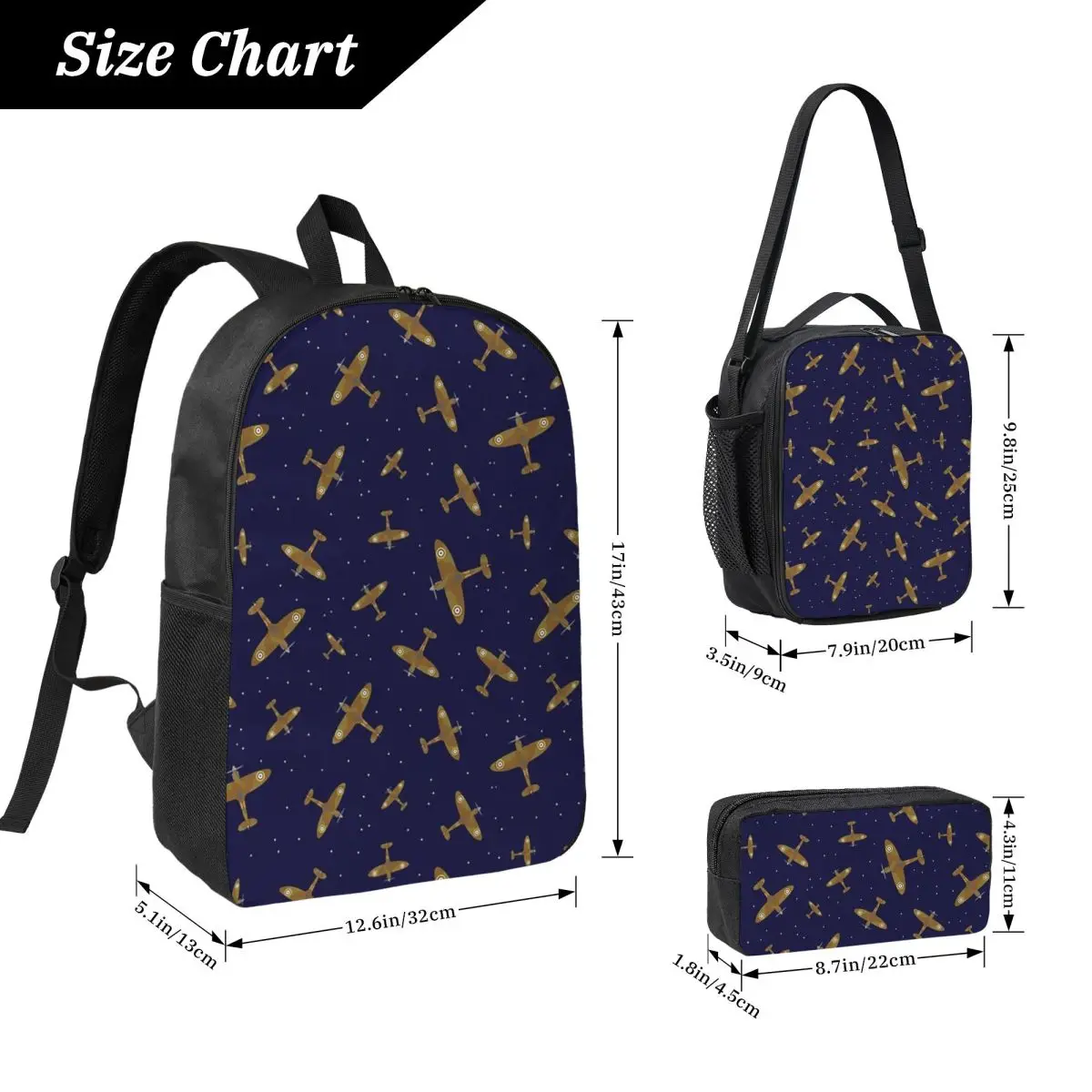 Spitfire War Planes In Flight On Navy Blue Backpack  BookBag School Bag Shoulder Bags 3ps Insulated Lunch Bag Pencil Case view 4