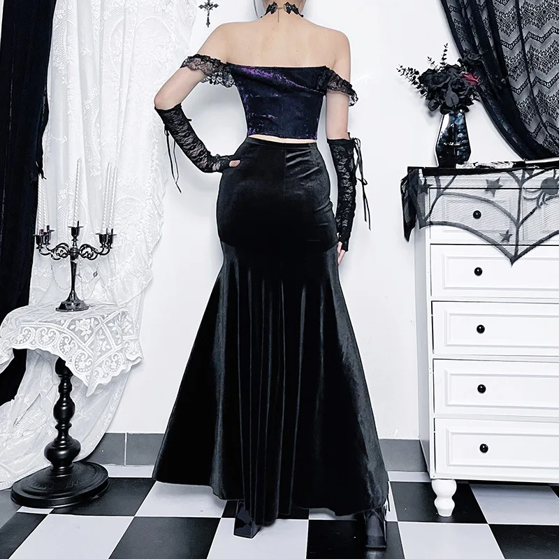 Middeleeuwse Goth Ruches Vintage Gothic Esthetische Fluwelen Rokken Mesh Splice Sexy Zeemeermin Rok Vrouwen Hoge Taille Elegante Halloween