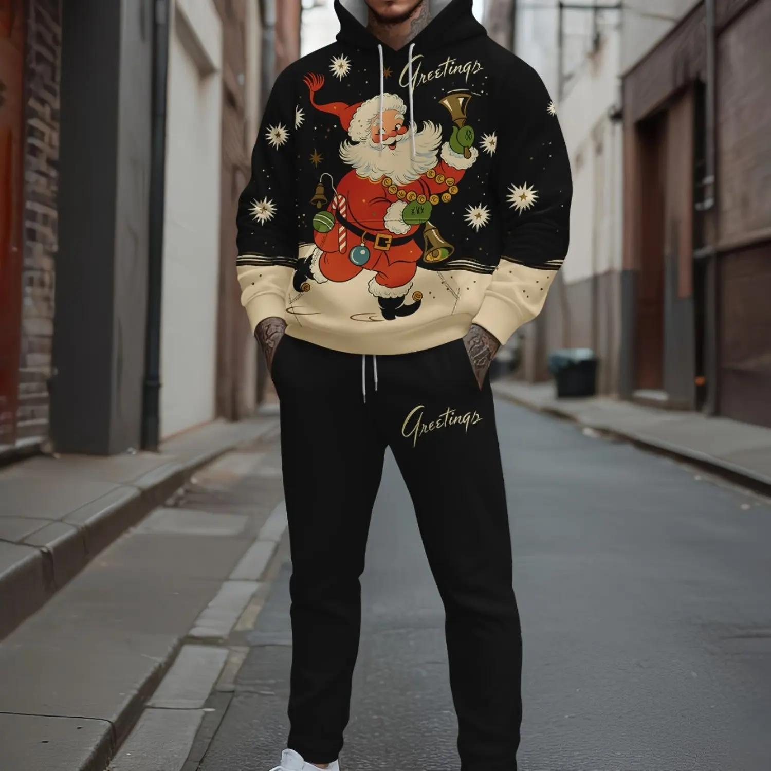 3D Santa Claus Printed Men's Hoodies Suits Christmas Reindeer Pattern 2-piece Sets Outdoor Street Hip Hop Party Unisex Clothing