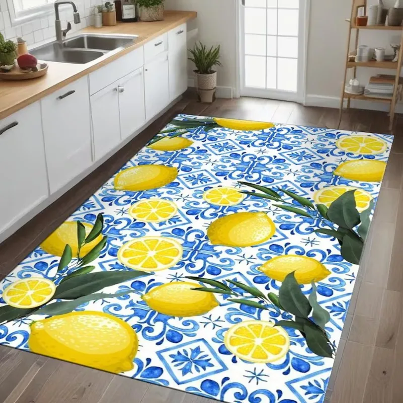 Bright Summer Mediterranean Lemon Tile Carpet Citrus and Leaf Design Non-Slip Rug Coastal Style Decor Floor Mat for Kitchen