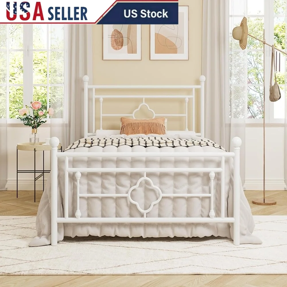 

Twin Size Metal Bed Frame Vintage Style Headboard and Footboard Storage Space No Box Spring Easy Assembly Durable Quiet Sleep