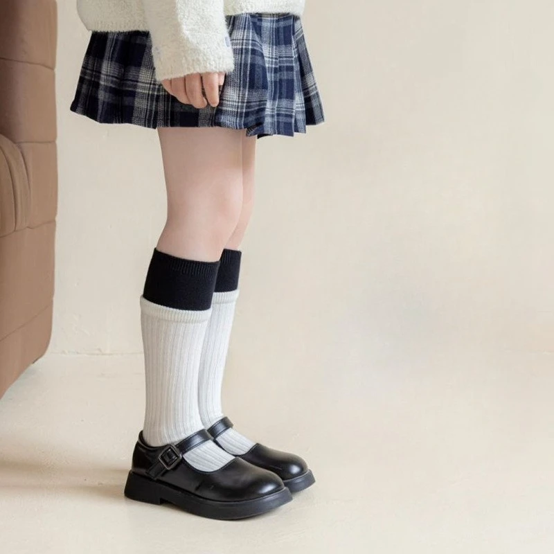 Girls Cotton Socks Color‑Block Elastic Long Socks for Kids Ins Simple Fashion Children's Casual Middle Tub Socks for Daily Wear