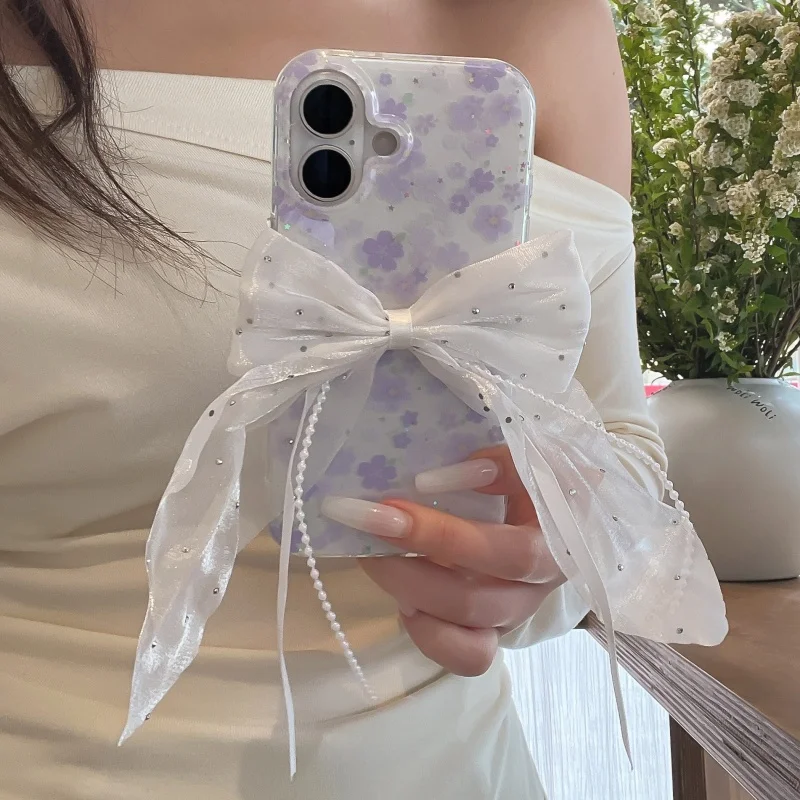 

Korean 3D Lace Bowknot Purple Flower Painting Phone Case For iPhone 17 Pro 16 15 14 Pro Max Back Cover Shockproof Protective Cas