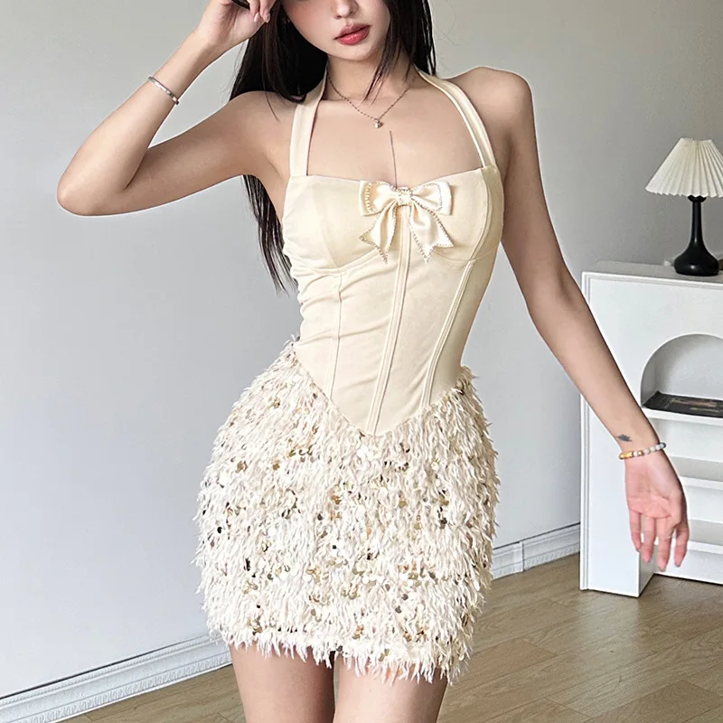 

2024 Autumn and Winter New Women's Light Luxury Niche Design Sequins Hanging Neck Solid Color Dress