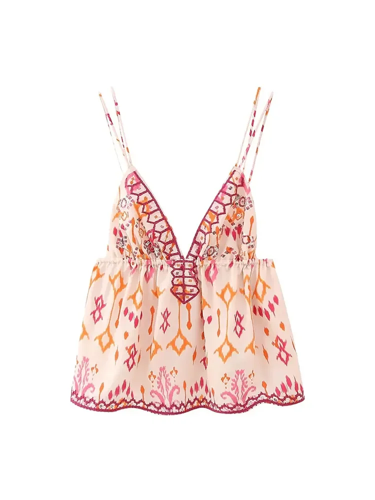 

Autumn Printed Suspender Tank Tops for Women Casual Sleeveless V-Neck Cropped Blouse Vacation Chic Ladies Streetwear