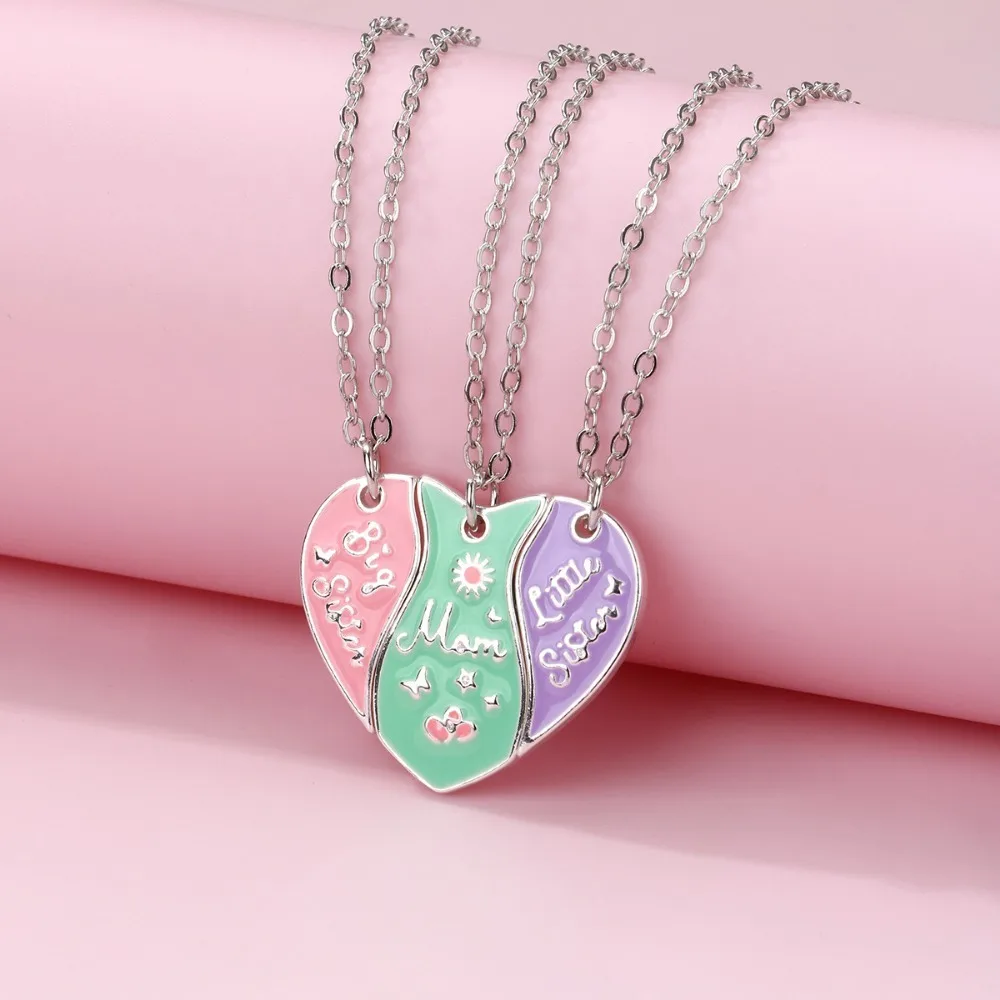 Luoluo&baby 3Pcs/set Heart-shaped Mother and Sister Letter Pendant Best Friend Necklace BFF Friendship Jewelry Gifts for Women