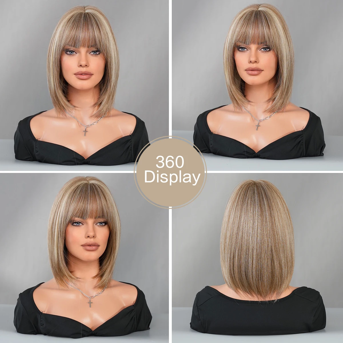 7JHH WIGS-Perruque Synthétique Courte et Droite pour Femme, Cheveux Bruns et Blonds à Haute Densité avec Frange Soignée