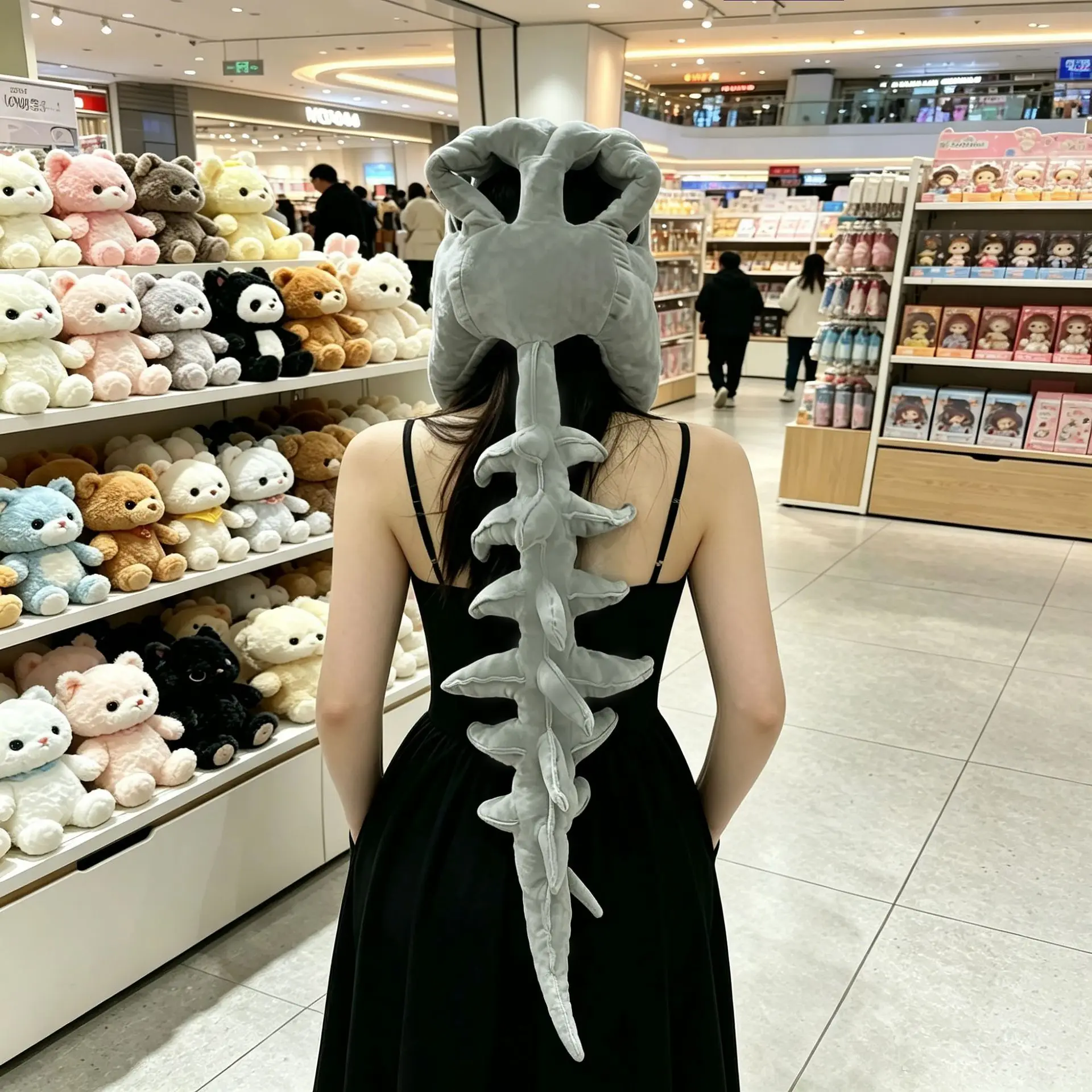 Plush Dinosaur Skeleton Hat with Back Spine Bones Halloween Cosplay Cap Carnival Stage Show Costume Plush Doll Accessory