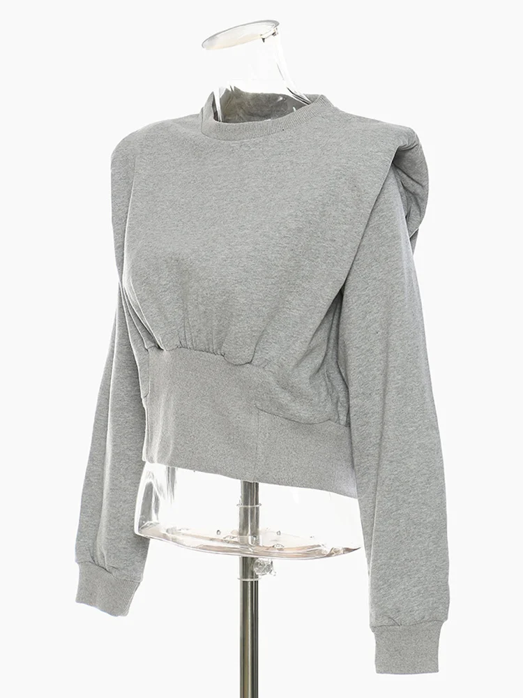 [EAM] Loose Fit Gray Pleated Shaped Sweatshirt New Round Neck Long Sleeve Women Big Size Fashion Tide Spring Autumn 2024 1DF5202