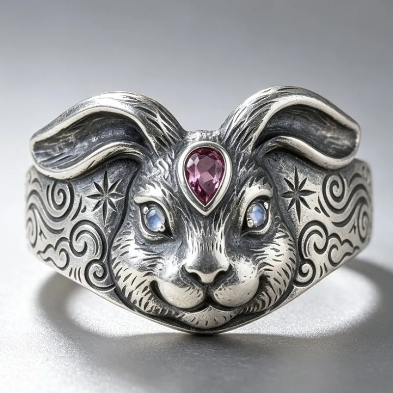 New fashion alloy electroplated antique silver rabbit ring, creative animal jewelry ruby jewelry women
