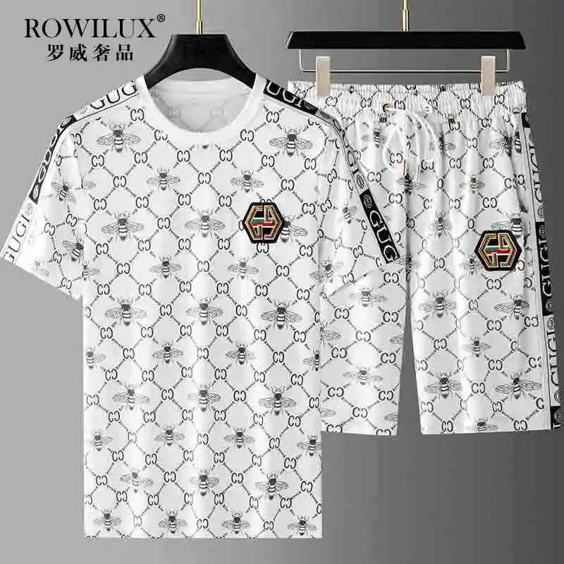 2025 ROWILUX Famous Brand Little Bee Print Short-sleeved Sports Suit Men\'s Summer Youth Fashion Trendy T-shirt Shorts