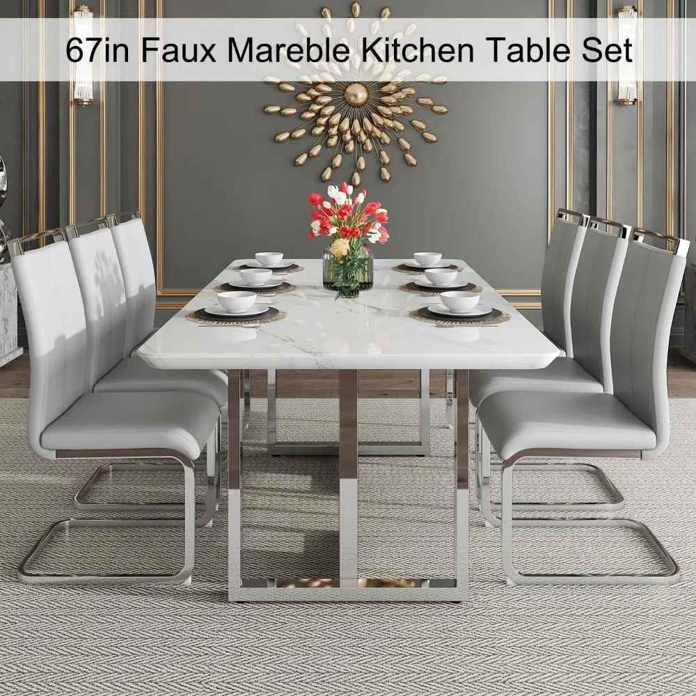 Ensemble de table à manger de luxe, table de cuisine, optique de 1.8 pouces, dessus en faux marbre, 6 chaises à pied en cuir, 67 en effet