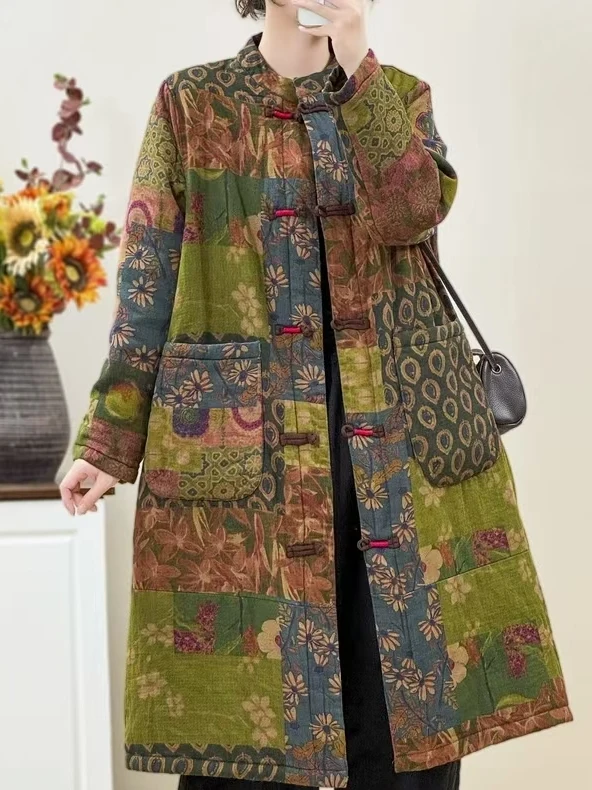 

Хлопковая куртка средней длины в стиле ретро с цветочным принтом в стиле пэчворк, новое китайское хлопковое пальто с воротником-стойкой на одной пуговице