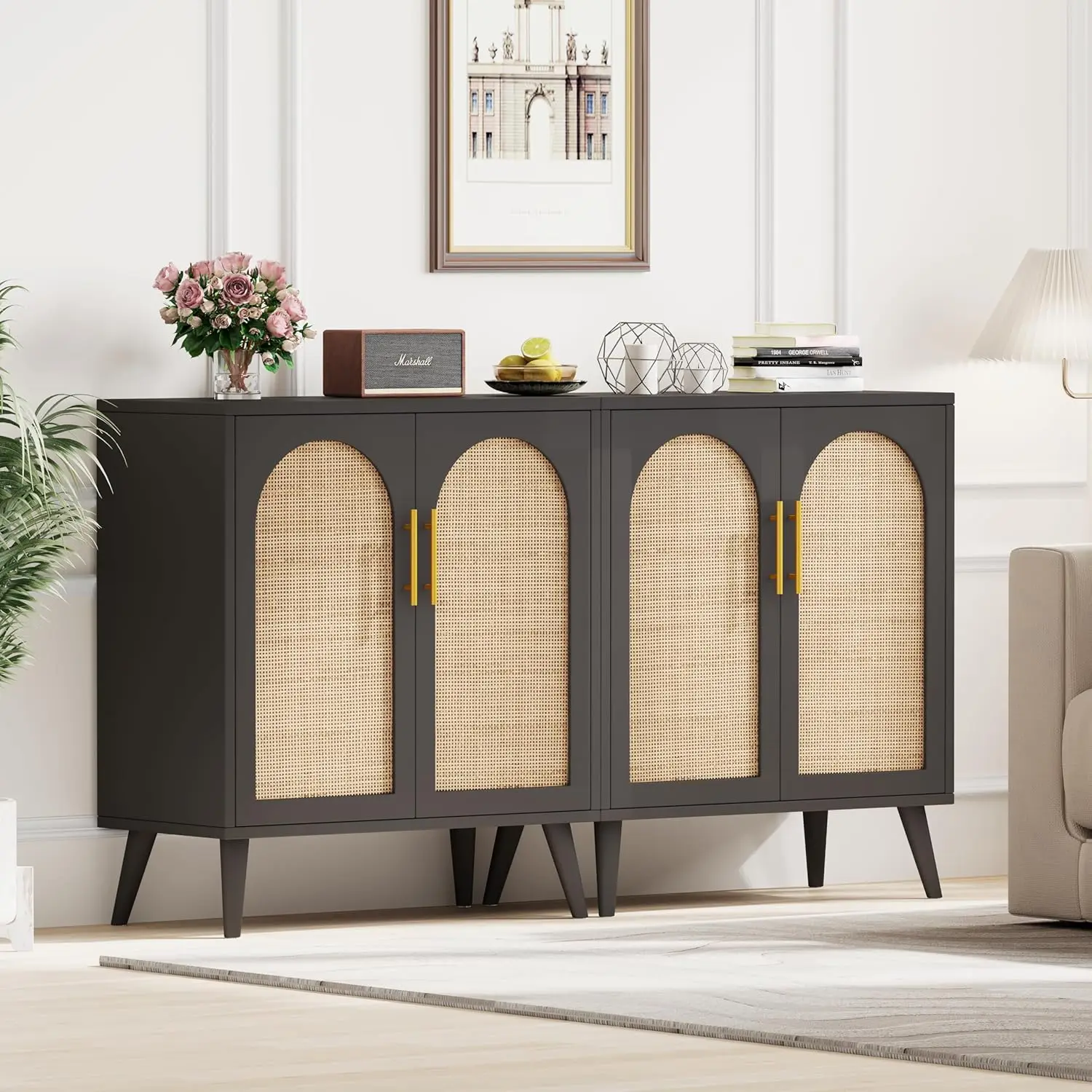 Armário de armazenamento Rattan com portas, Accent Bathroom Floor Cabinet, Modern Sideboard Buffet Cabinet for Living Room, Entr, Conjunto de 2