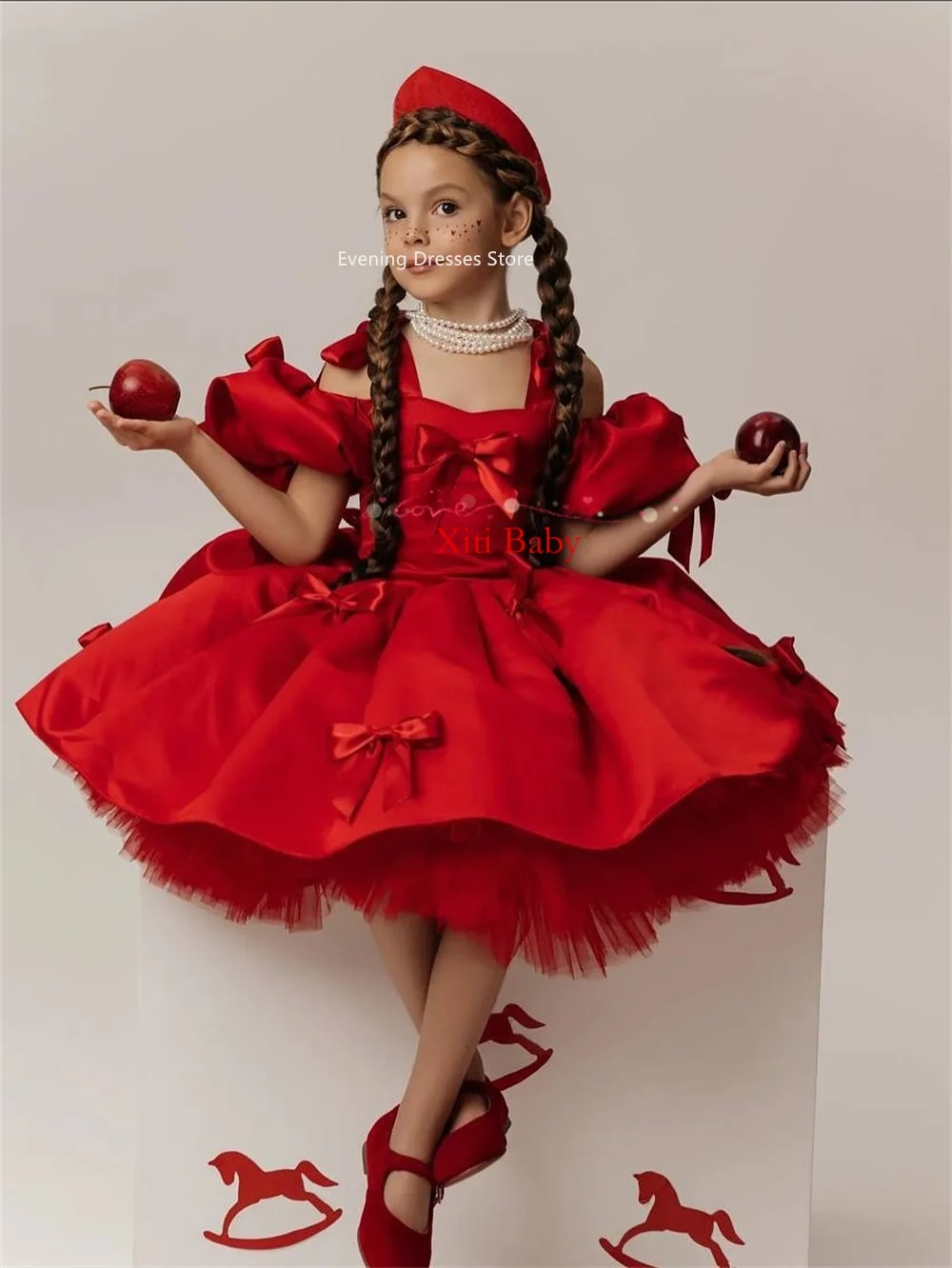 Sukienka dla dziewczynki na wesele 2026, dekolt okrągły, bufiaste rękawki, sukienki na przyjęcia dla dziewczynek, krótkie rękawy, satynowa sukienka dla dzieci na Boże Narodzenie, sukienka na uroczystości.