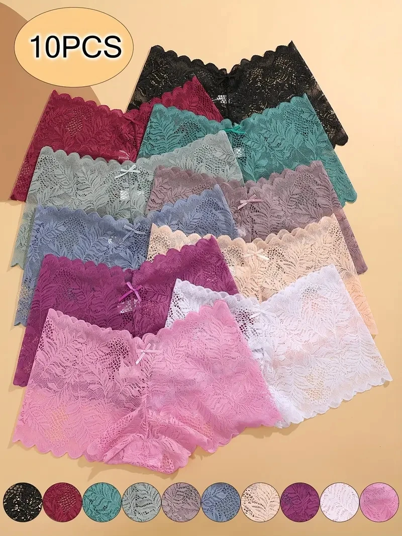 

10 шт./компл., женское сексуальное кружевное нижнее белье, дышащие бесшовные боксеры с низкой талией, женские мягкие однотонные нижнее белье, высокоэластичное нижнее белье