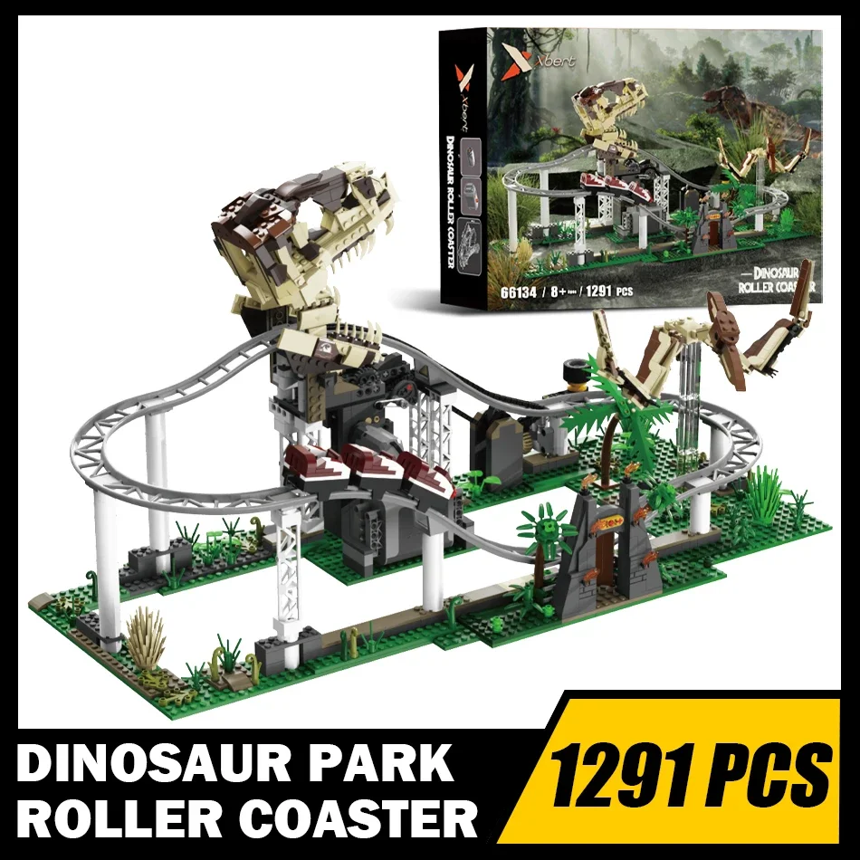 MOC Tyrannosaurus Fossil Street View Building Blocks Dinosaur Park Motorized Roller Coaster Bricks Toys for Adult Kids Gifts