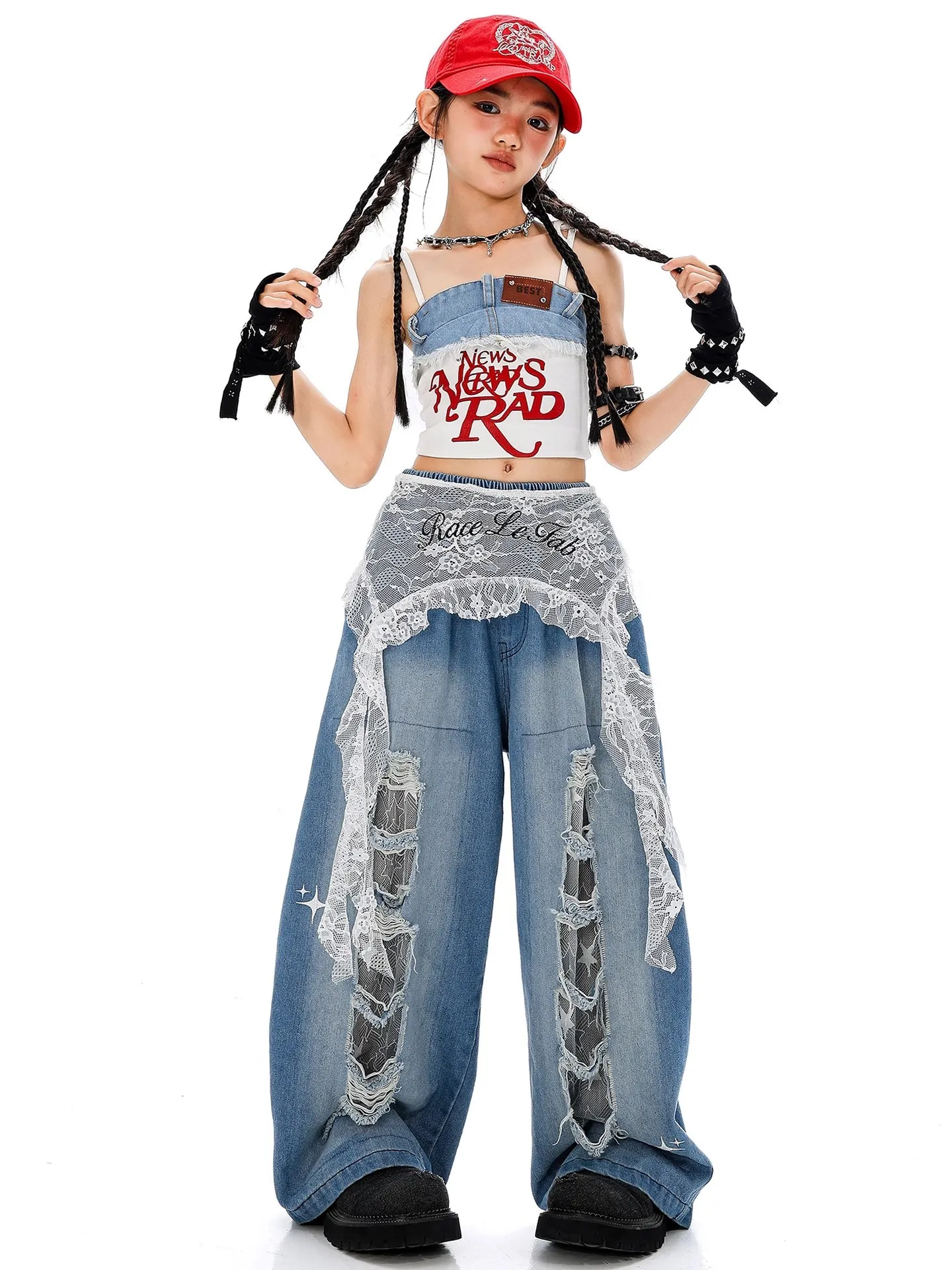 2025 الأطفال سترة جينز السراويل فضفاضة وتتسابق الهيب هوب ملابس الرقص للفتيات مجموعة الحديثة أداء الجاز المرحلة ارتداء DQS20139