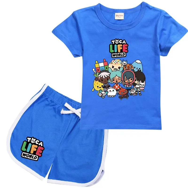 Toca-manga curta camiseta e shorts para meninas e menino, conjunto de pijamas de algodão, casual, sportswear, jogo, verão