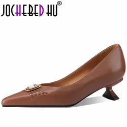 【JOCHEBED HU】New Temperament Women Genuine Leather Mid Heel Pumps Buckle Party Dress Lady Shoe 33-43