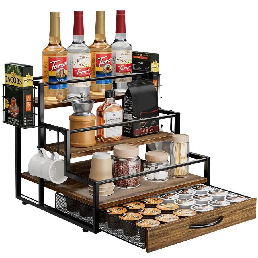 

Syrup Organizer Rack, 4Tier Syrup Bottle Holder Stand with 36 K Cup Pod Drawer Storage for Coffee Bar, 12 Bottles Storage Shelv