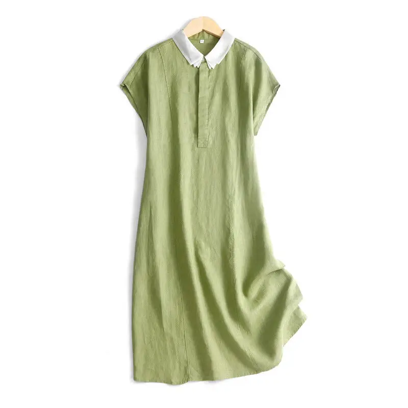 قميص بياقة أطفال على طراز الغابة فستان طويل من القطن والكتان بأكمام قصيرة