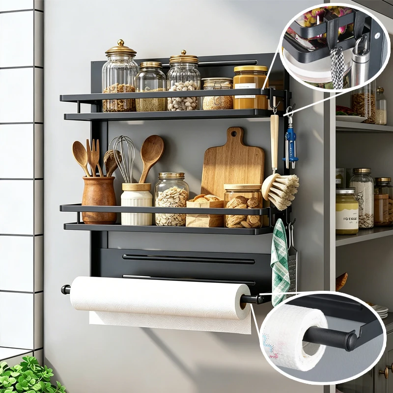 

No Drill Fridge Side Shelf with Paper Towel Holder Hooks Rustproof Carbon Steel Organizer for Refrigerator Cabinet Wall Mount