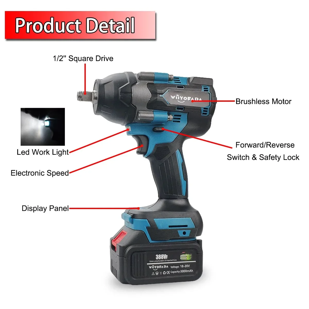 WOYOFAD 1800 N.M Torque Brushless Electric Impact Wrench 1/2 inch Cordless Wrench For Trucks Power Tool For Makita 18V Battery