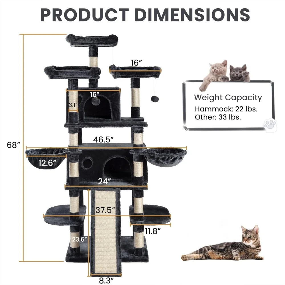 68-Zoll großer mehrstufiger Kratzbaum für große Katzen/großer Katzenturm mit Katzenwohnung/gemütliche Plüsch-Katzensitzstangen/sisal Kratzbäume