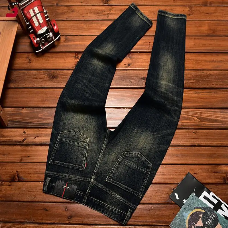 2025 New Men's Vintage Retro Jeans Men's Autumn Distressed Patched Slim Fit Stretch High-end Long Pants