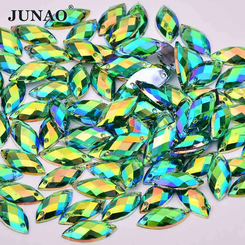 JUNAO 7*15mm 100Pcs Sewing Crystal AB Rhinestone Flatback Acrylic Stones Applique Sew On Horse Eye Crystal Strass For Needlework