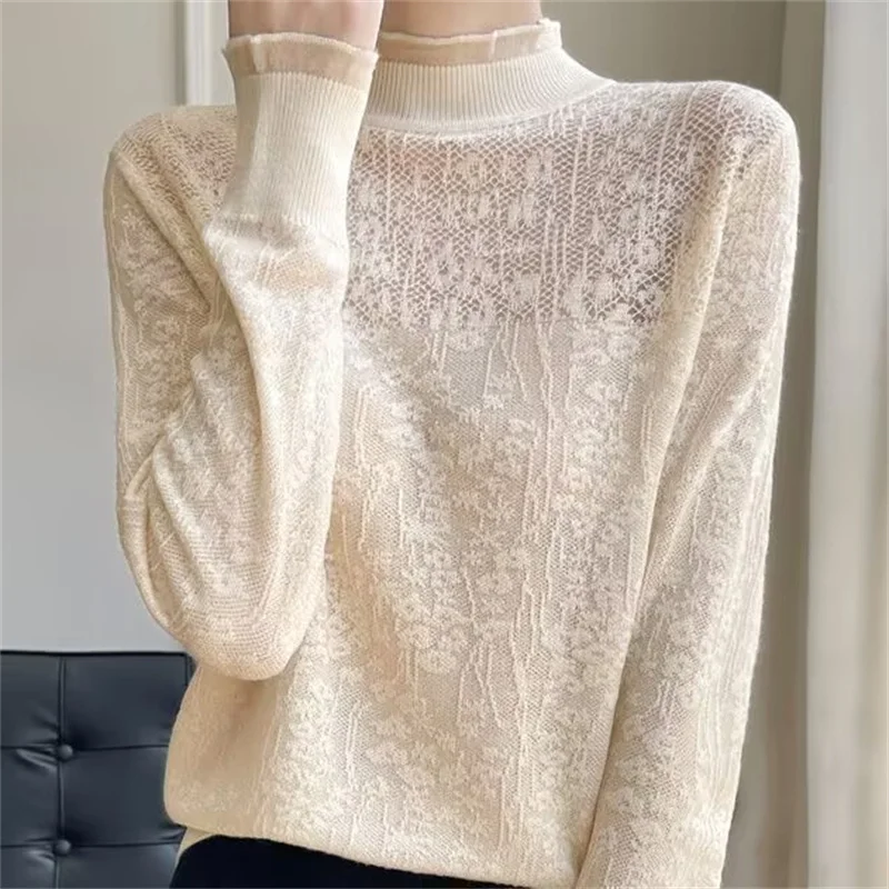 Spring Autumn Ladies Lace Hollow Out Sweater Korean Female Long Sleeves Knitted Women Black Fungus Edge Half High Collar Knit