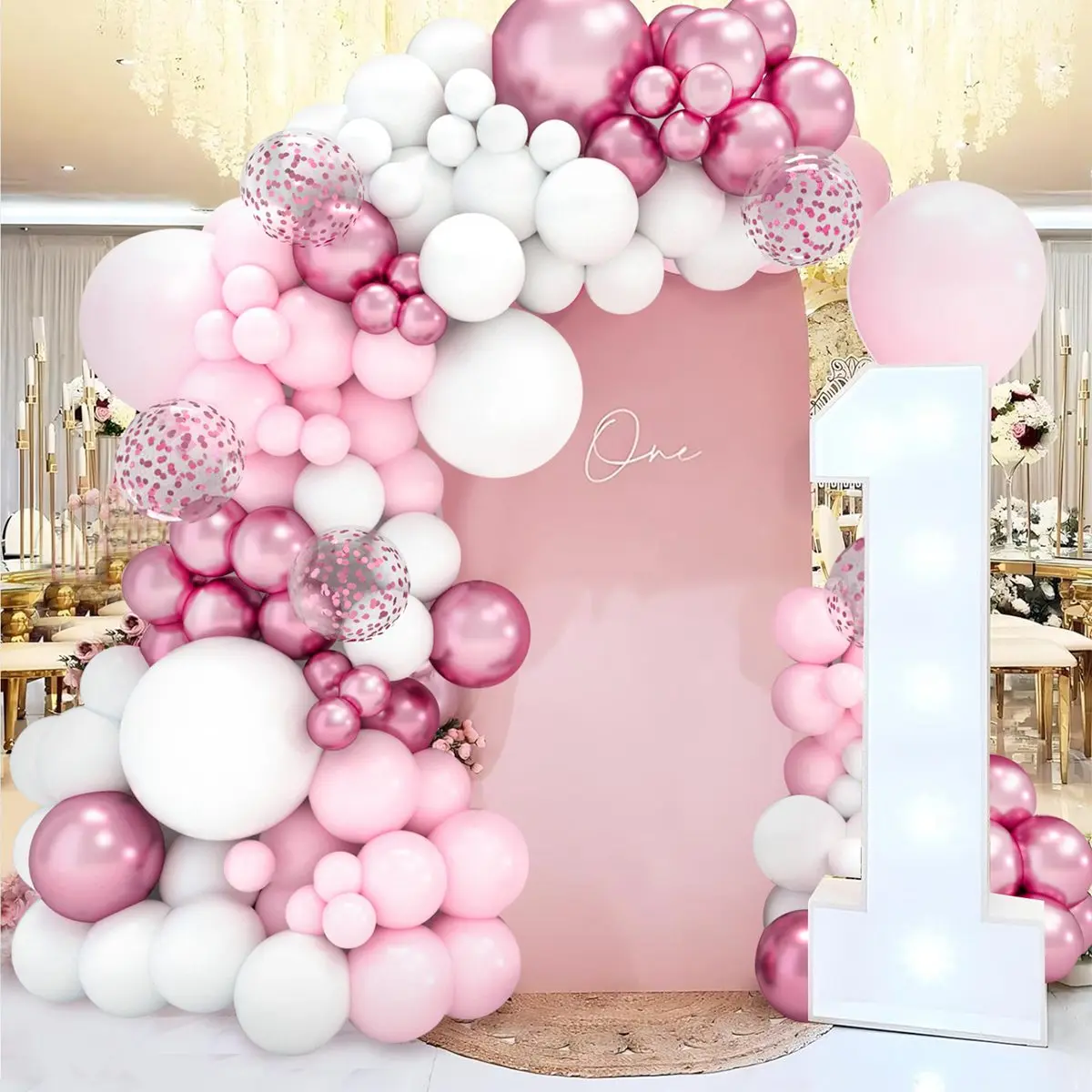 Macaron Pink Balloons Garland Arch Kit White Metal Pink Rose Gold Confetti Balloon Birthday Party Baby Shower Wedding Decoration