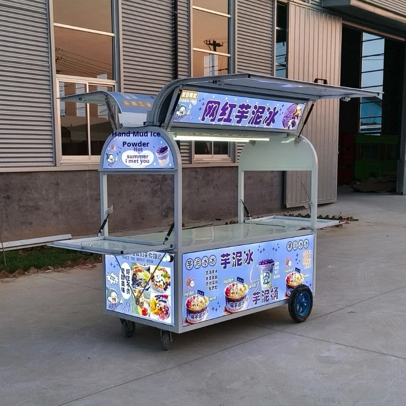 Stainless Steel Street Vendor Cart with 4-Wheel and 2 Shelves for Chicken Claw & Ice Powder Display Outdoor Takeout Sales Cart