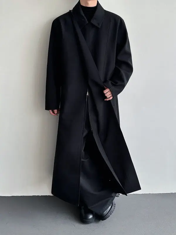 

Spring Autumn Long Zipper Cardigan Slanted Door Design k Sle Coat Belt Loose Fit Stand Version Waed Polyester Fiber