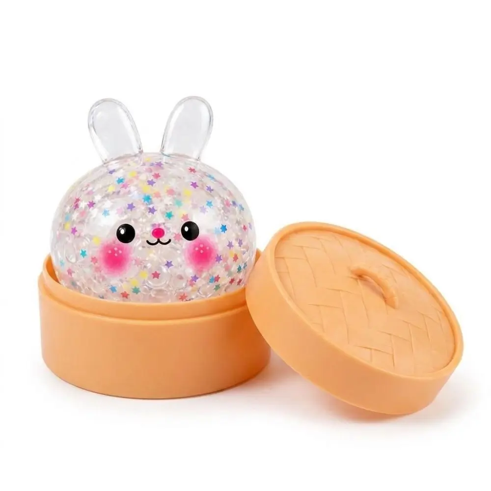 Rabbit Shape Dumplings Squeeze Toy Glitter Soft Stress Relief Sensory Ball with Steamer Fidget Steamed Stuffed Bun Pinch Toy