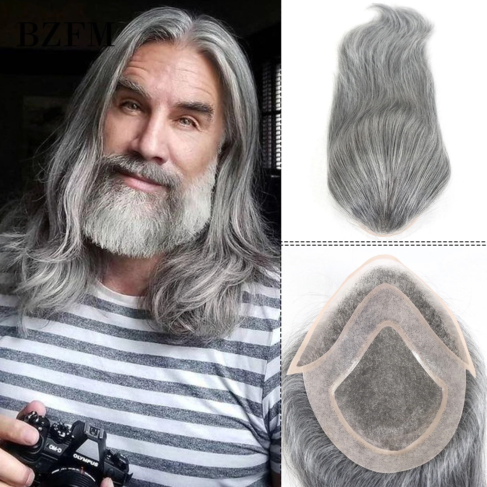 

12Inch Long Straight Human Hair Men Toupee Mono Lace PU Toupee For Men 1B60 Grey White Mens Wigs Replacement Systems Hair Piece