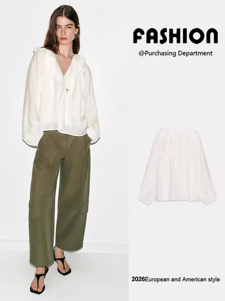 

Spring New Arrival Women's Shirt Elegant Long Sleeve V-Neck Layered Decorative Pleats 2026 ZA2026 Ethnic Stage Costume