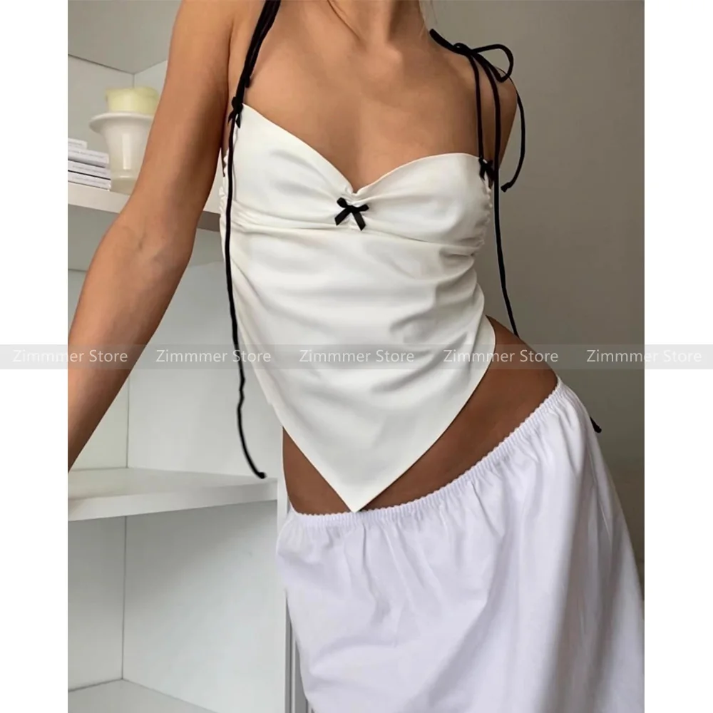 

2024 New Pure Desire Wind Sexy V-Neck White Cotton Triangle Style Camisole Bow Ballet Style Hundred Top