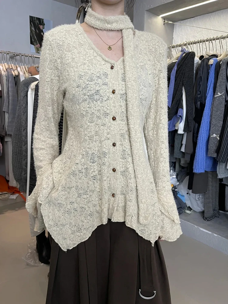 Autumn Lace Ruffle Long Sleeve Shirt Women Korean Sexy V Neck Single Breasted Female Tops Elegant Streetwear Hollow Out Blouse